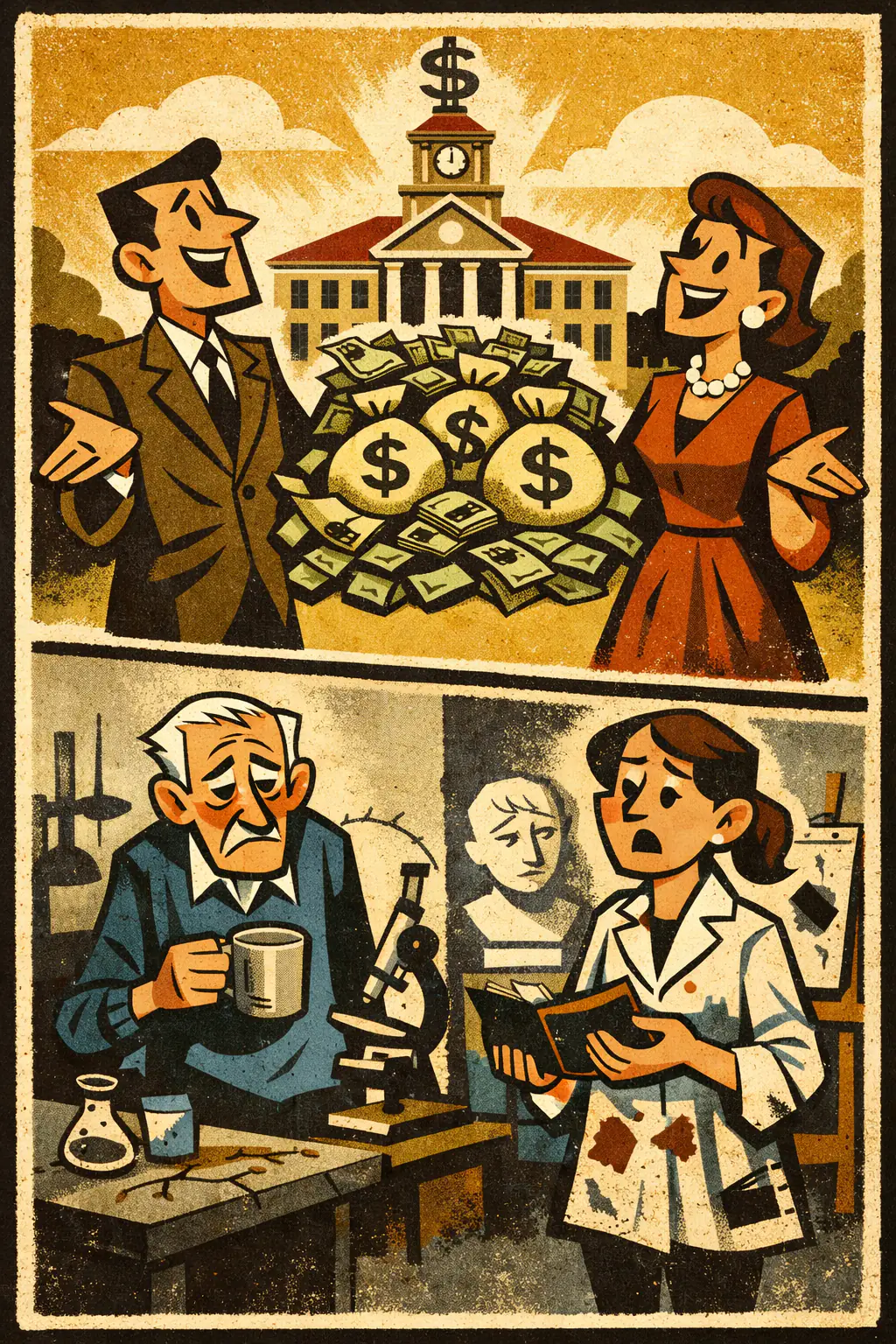 Division fallacy companion poster in a retro mid-century editorial cartoon style, illustrating occurs when something true of a whole is assumed to be true of each part or member of that whole.