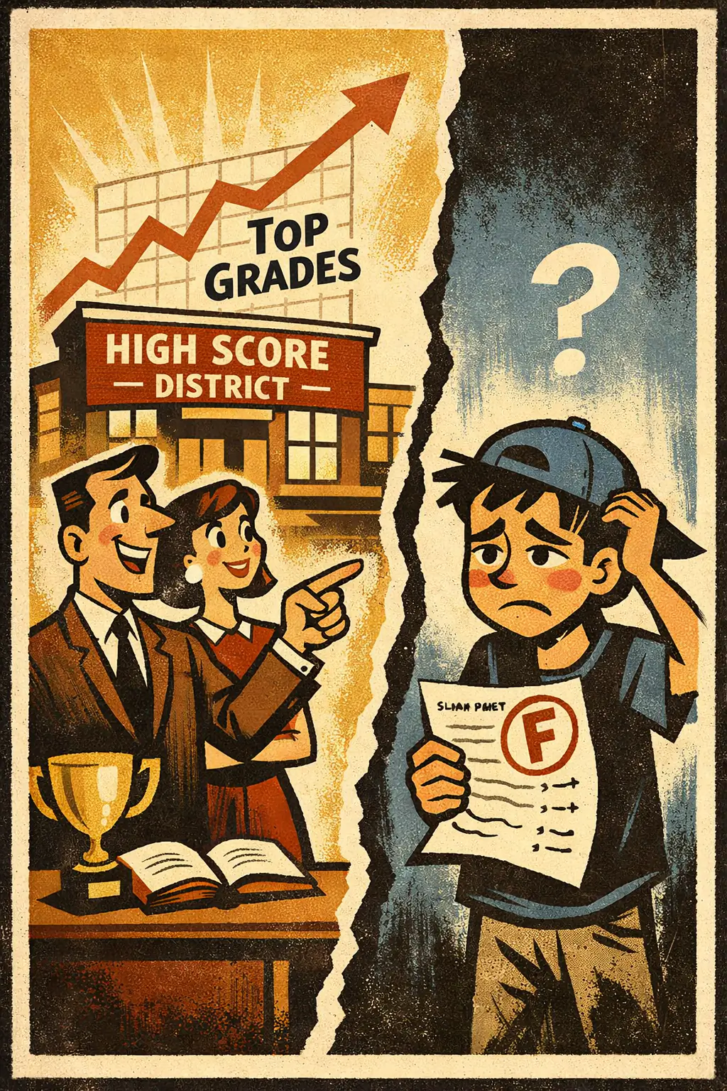 Ecological fallacy companion poster in a retro mid-century editorial cartoon style, illustrating occurs when statistics about a group are used to draw conclusions about particular individuals in that group.
