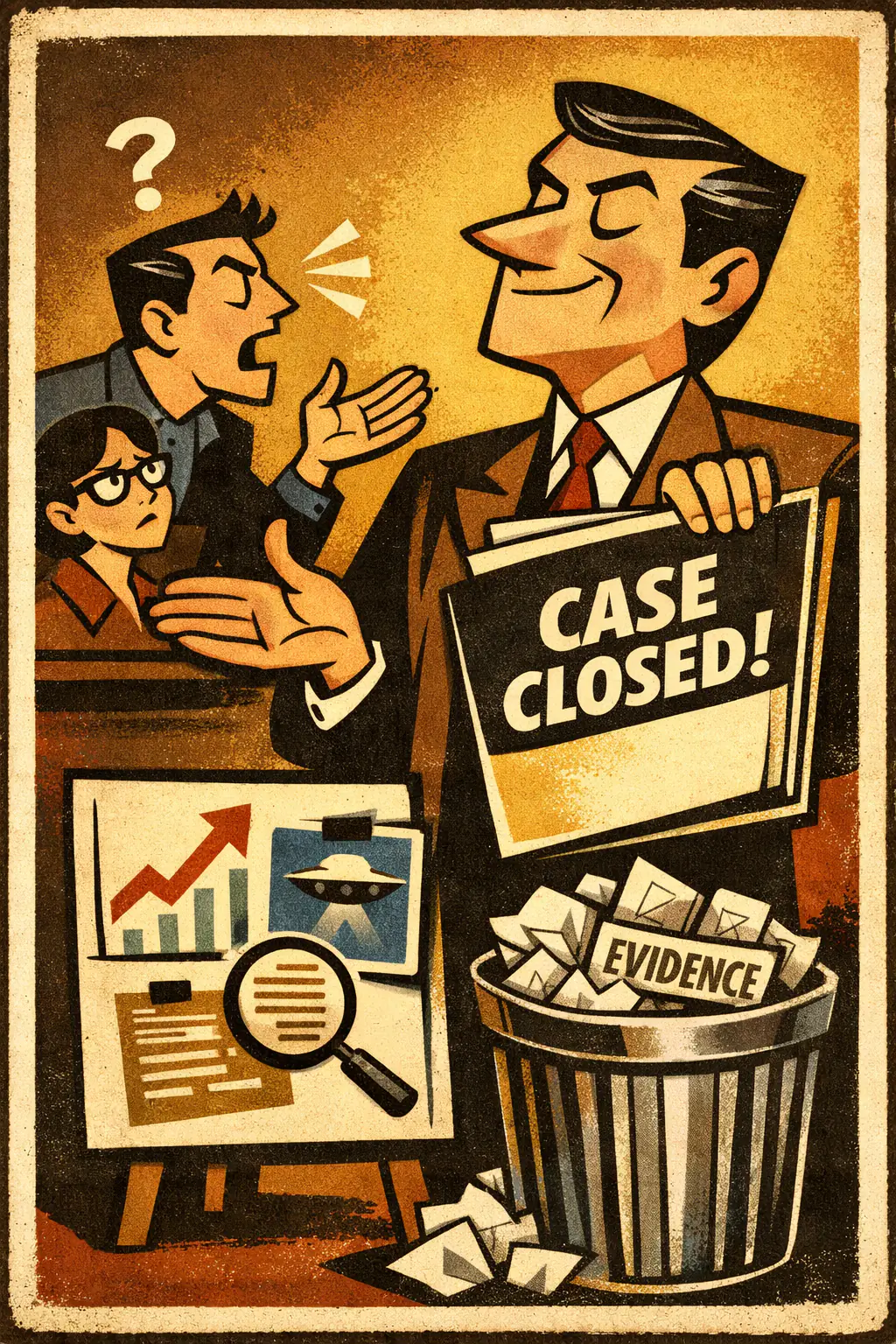 Empty refutation companion poster in a retro mid-century editorial cartoon style, illustrating occurs when someone declares an argument false, debunked, or dishonest without identifying the specific flaw that would actually show it is false.