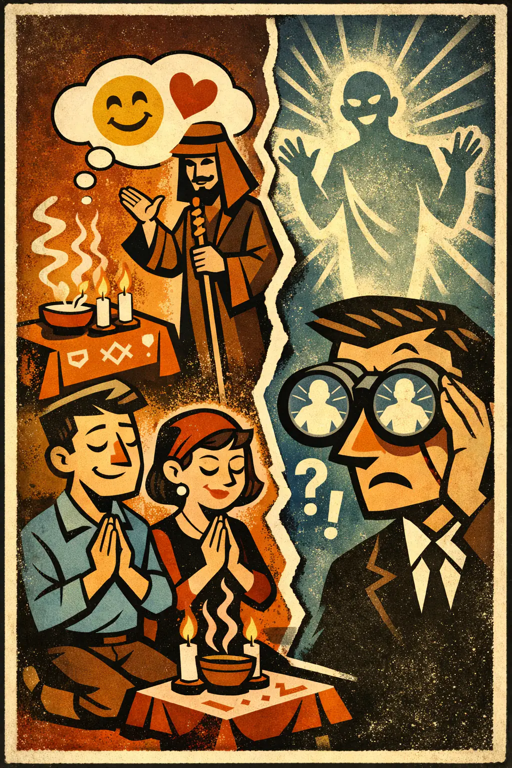 Epistemic/ontological conflation companion poster in a retro mid-century editorial cartoon style, illustrating occurs when the psychological or social effects of believing something are treated as evidence that the thing believed in actually exists or is true.