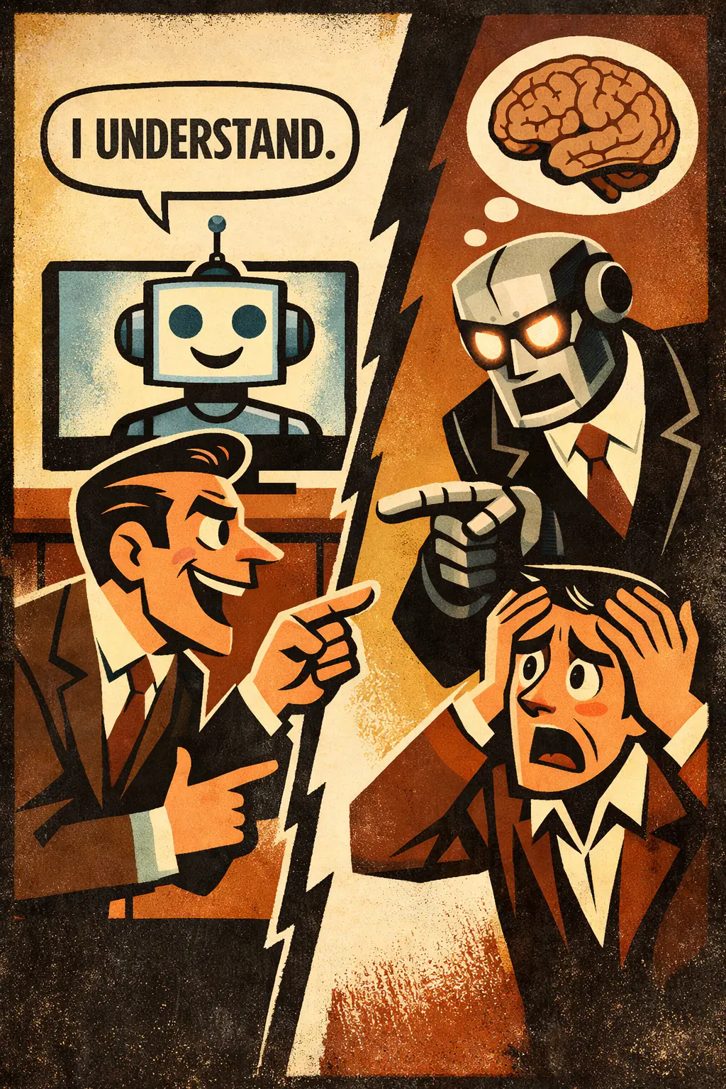 Equivocation fallacy companion poster in a retro mid-century editorial cartoon style, illustrating occurs when a broad or harmless sense of a word is used to insinuate a narrower, stronger, or more loaded sense of the same word.