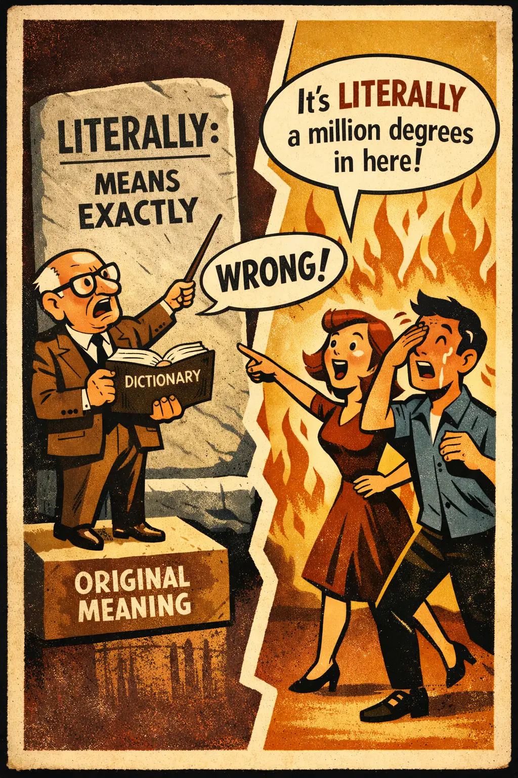 Etymological fallacy companion poster in a retro mid-century editorial cartoon style, illustrating occurs when a word's original or historical meaning is treated as if it controlled the word's present meaning.