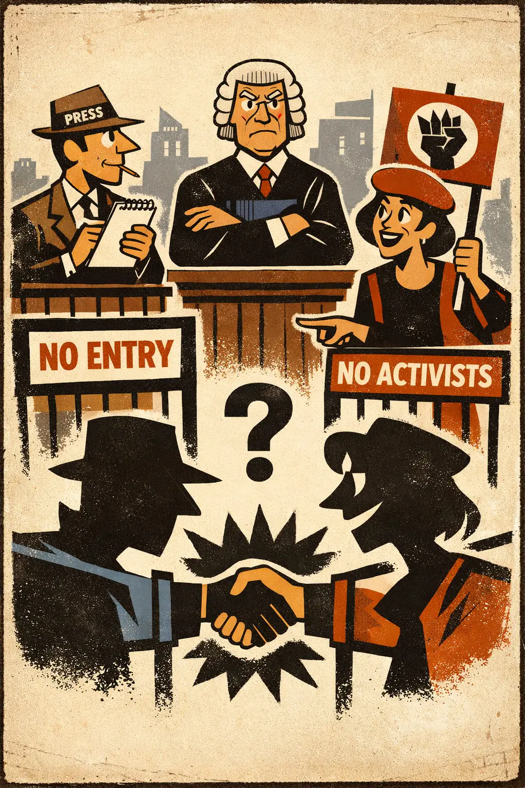 Exclusive premises companion poster in a retro mid-century editorial cartoon style, illustrating occurs when two negative premises are used in a syllogism even though they fail to establish the positive link the conclusion requires.