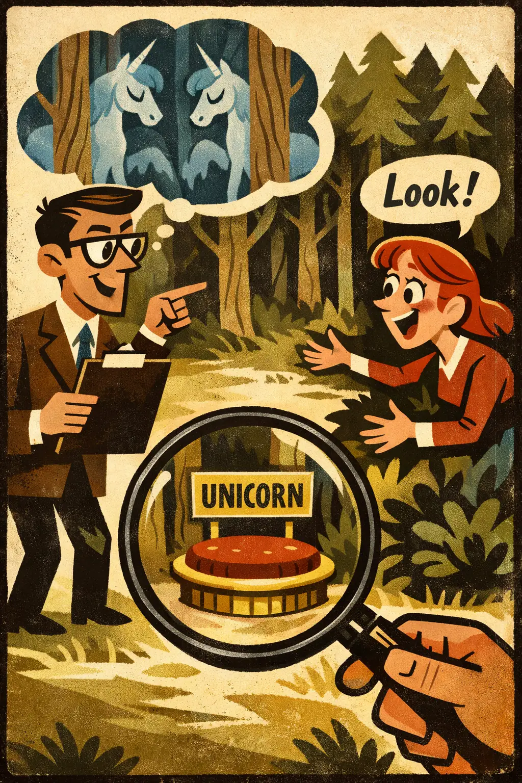 Existential fallacy companion poster in a retro mid-century editorial cartoon style, illustrating occurs when a conclusion assumes that something exists even though the premises never established that any such thing exists.