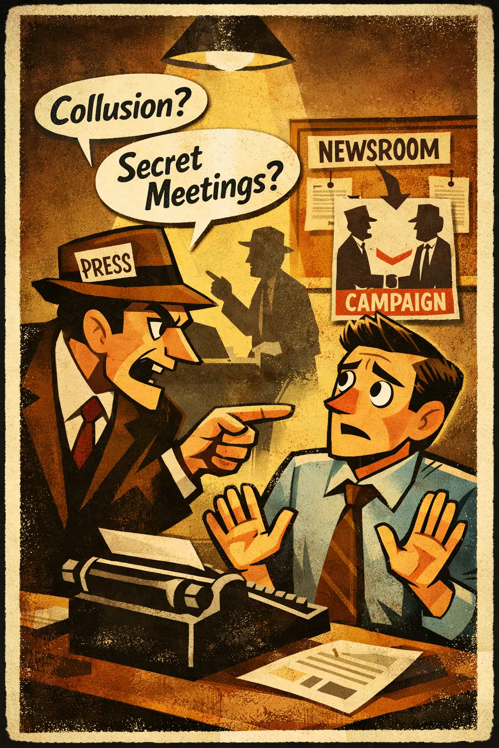 Fallacy of many questions companion poster in a retro mid-century editorial cartoon style, illustrating occurs when a question smuggles in one or more assumptions that have not been established, then pressures the listener to answer as if those assumptions were already settled.