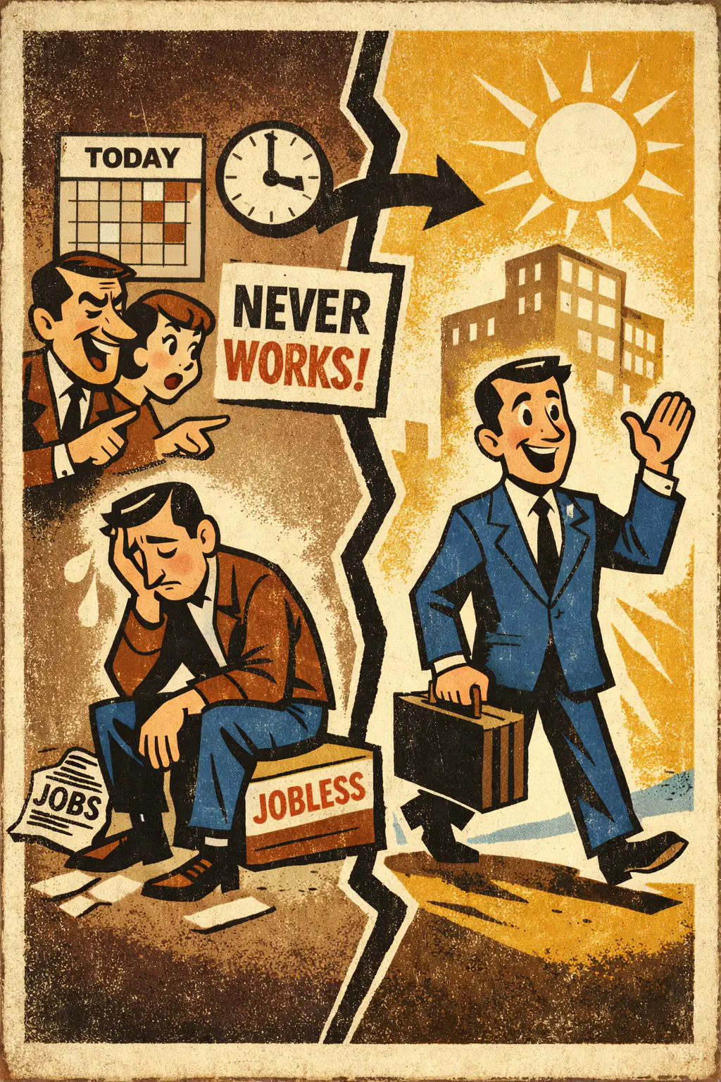 Fallacy of necessity companion poster in a retro mid-century editorial cartoon style, illustrating occurs when a condition that is necessary given someone's current description is treated as if it were permanently or universally necessary in the real world.