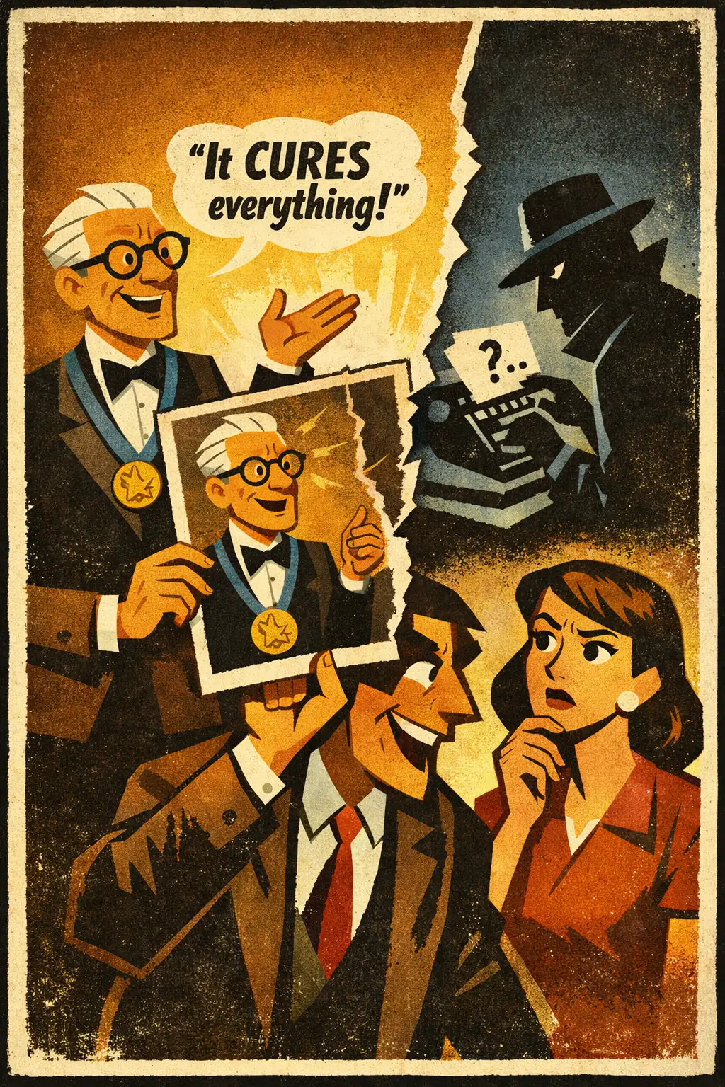 False attribution companion poster in a retro mid-century editorial cartoon style, illustrating occurs when support for a claim is borrowed from a source that is fabricated, misquoted, unqualified, anonymous in the wrong way, or otherwise not what it is presented to be.