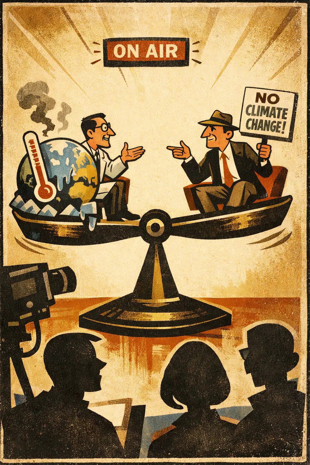 False balance companion poster in a retro mid-century editorial cartoon style, illustrating occurs when a dispute is presented as if the competing sides were roughly equal in credibility or evidential support even though the evidence is not remotely balanced.