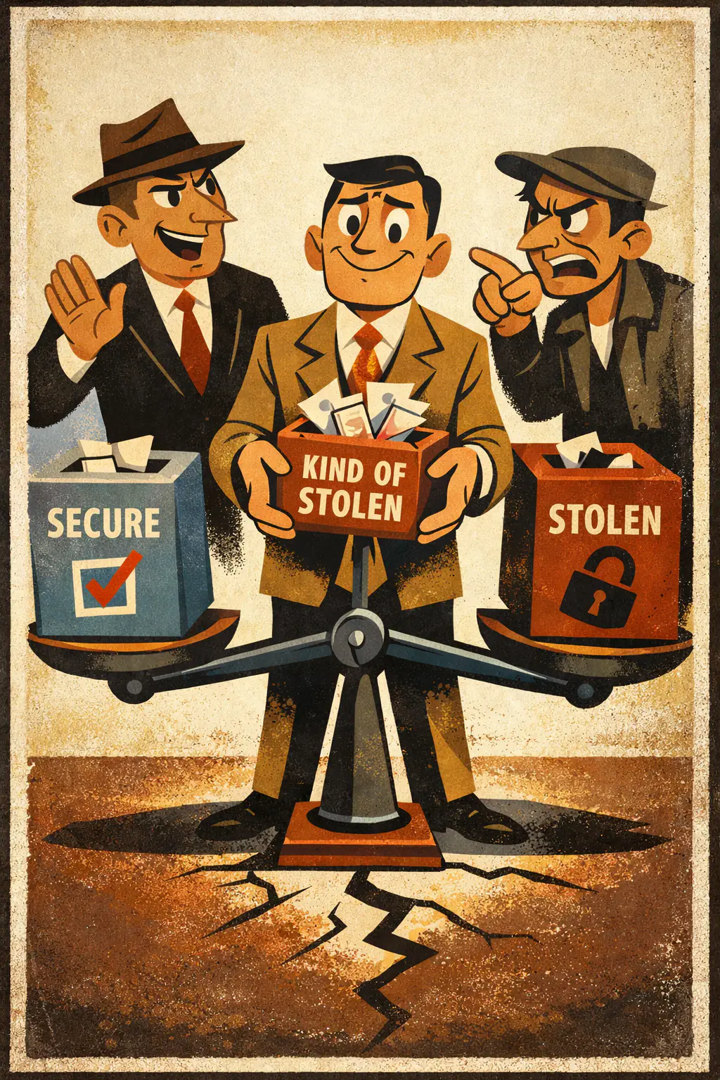 False compromise companion poster in a retro mid-century editorial cartoon style, illustrating occurs when the midpoint between two positions is treated as correct simply because it lies between them.