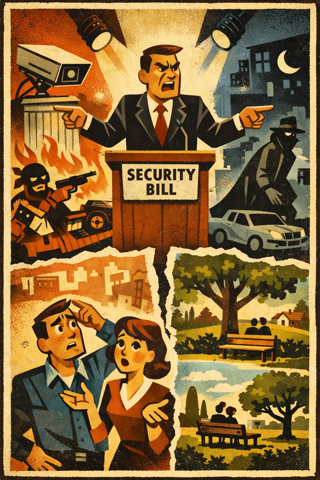 False dilemma companion poster in a retro mid-century editorial cartoon style, illustrating occurs when someone presents a limited set of options as if they were the only live possibilities, while reasonable alternatives are ignored or suppressed.