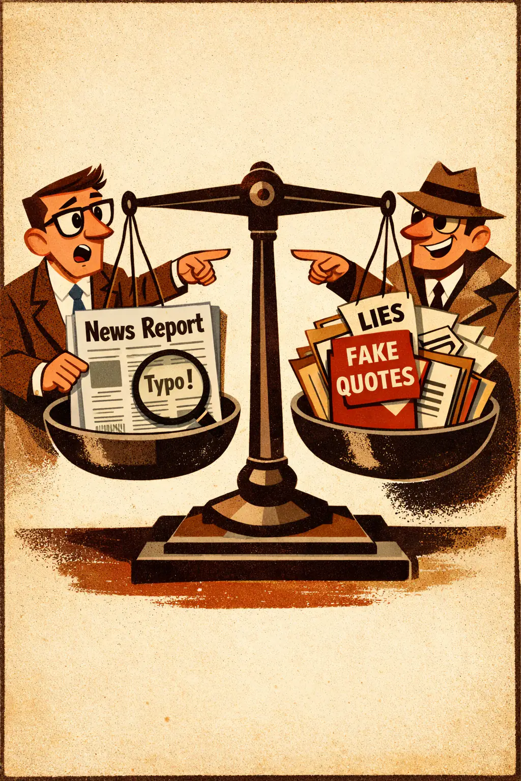 False equivalence companion poster in a retro mid-century editorial cartoon style, illustrating occurs when two things are treated as equivalent in seriousness, meaning, or explanatory weight despite relevant differences that make the comparison misleading.