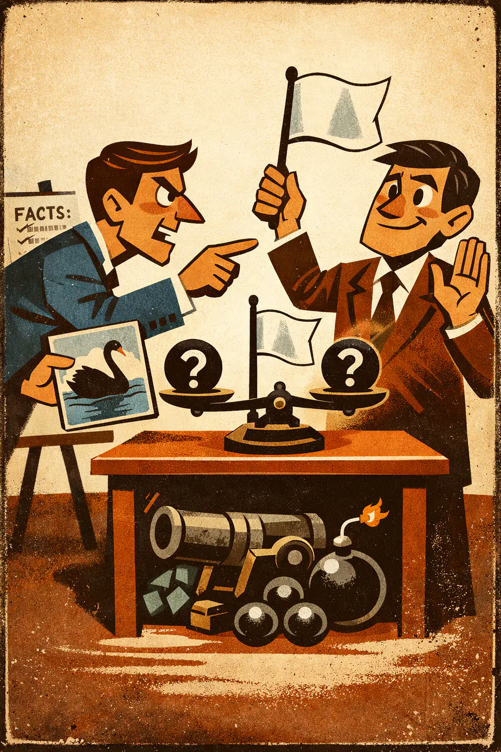 False surrender companion poster in a retro mid-century editorial cartoon style, illustrating occurs when someone calls for a truce, balance, or 'agree to disagree' posture not because the evidence is genuinely inconclusive, but because their position is under pressure and they want to freeze the score.