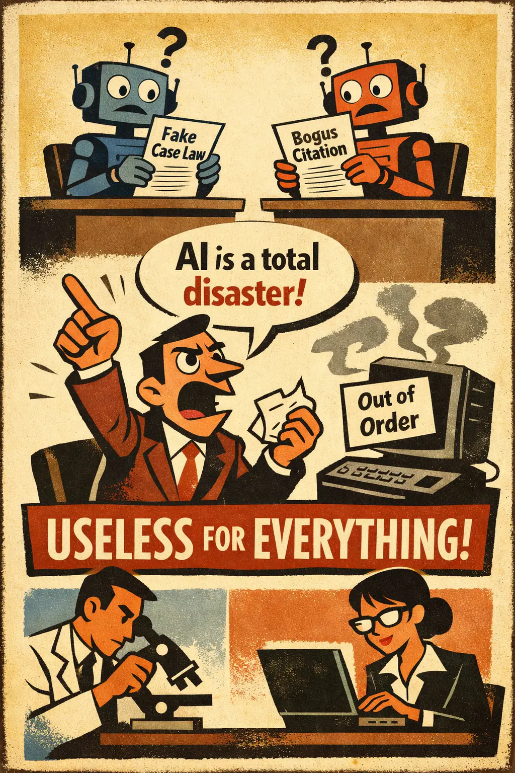 Faulty generalization companion poster in a retro mid-century editorial cartoon style, illustrating occurs when an inductive conclusion reaches further than the available evidence can reasonably support, or ignores information that should limit the generalization.