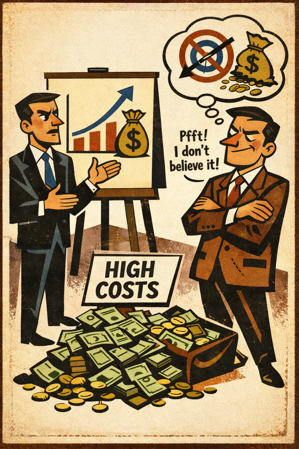 For the sake of argument denial companion poster in a retro mid-century editorial cartoon style, illustrating occurs when a hypothetical premise is rejected simply because the speaker does not actually believe it.