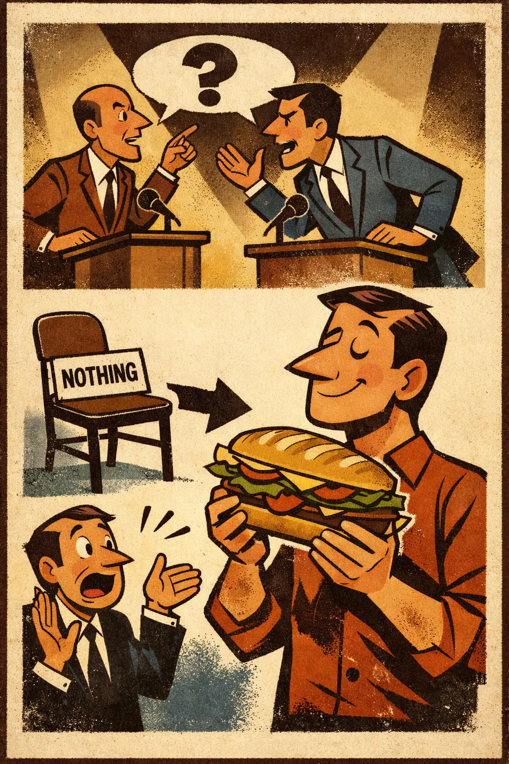 Four terms fallacy companion poster in a retro mid-century editorial cartoon style, illustrating occurs when a syllogism seems to use three terms but actually uses four because one term shifts meaning halfway through the argument.