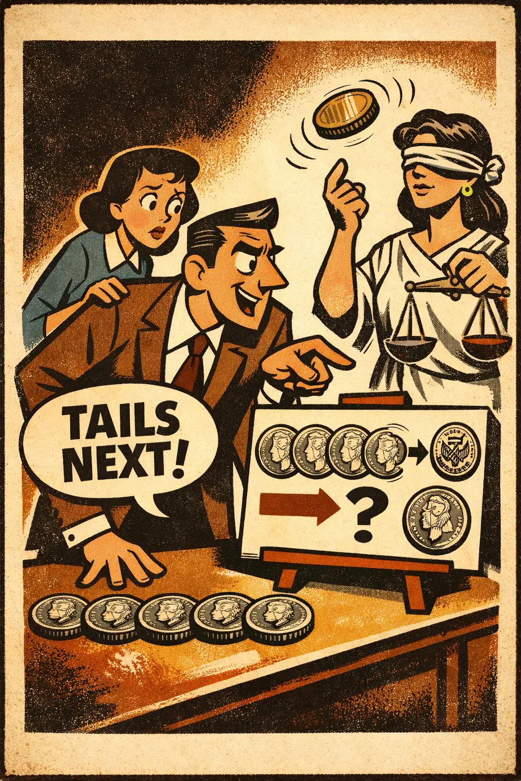 Gambler's fallacy companion poster in a retro mid-century editorial cartoon style, illustrating occurs when someone thinks past outcomes of independent events make a future independent outcome more or less likely than it really is.