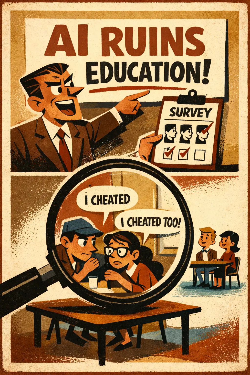 Hasty generalization companion poster in a retro mid-century editorial cartoon style, illustrating occurs when someone draws a broad conclusion from too little evidence, too small a sample, or a badly skewed sample.