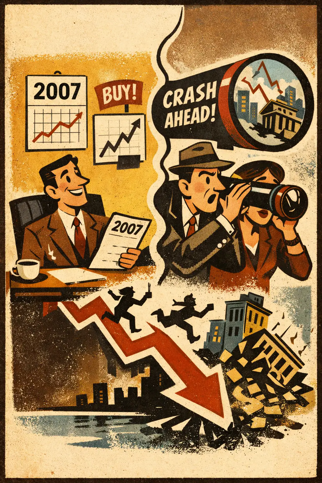 Historian's fallacy companion poster in a retro mid-century editorial cartoon style, illustrating occurs when people in the past are judged as if they had the same information, background assumptions, and hindsight available to later observers.