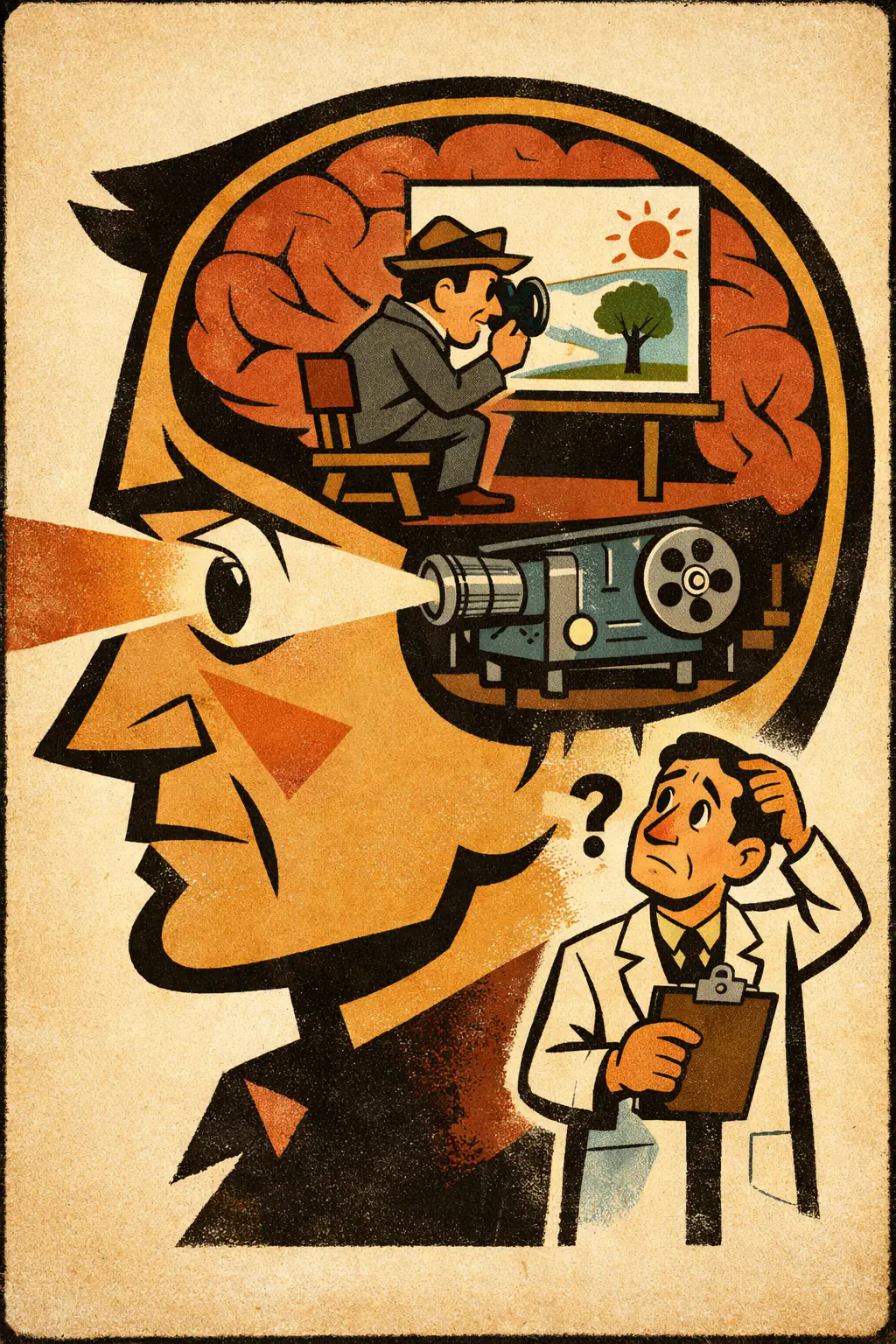 Homunculus fallacy companion poster in a retro mid-century editorial cartoon style, illustrating occurs when a mind-like inner observer is smuggled in to explain mind-like abilities, thereby postponing rather than solving the explanation.