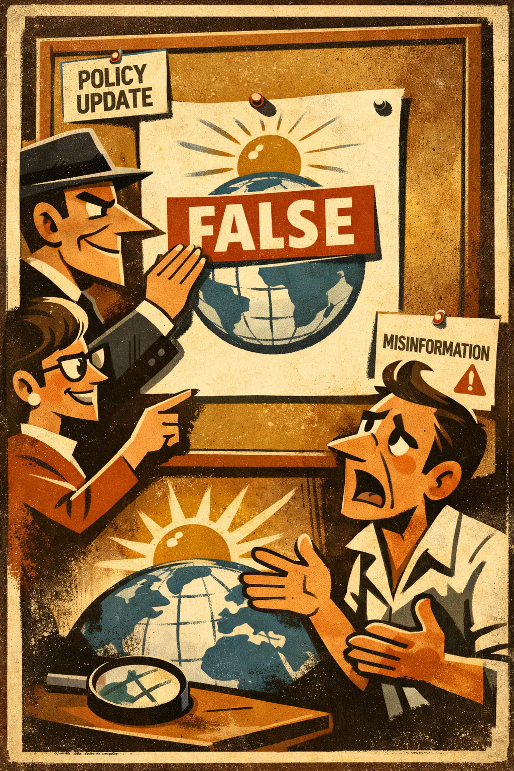 Human standard fallacy companion poster in a retro mid-century editorial cartoon style, illustrating occurs when a human classification, rule, or label is treated as if it automatically determined the underlying fact or moral status.