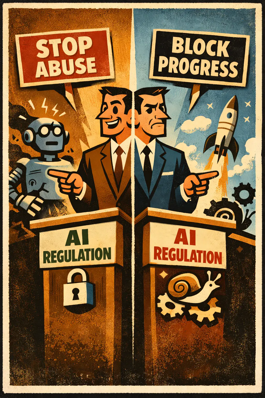 If-by-whiskey companion poster in a retro mid-century editorial cartoon style, illustrating occurs when someone uses strategically shifting language that seems to support both sides by quietly changing the meaning of the key term to suit the audience.
