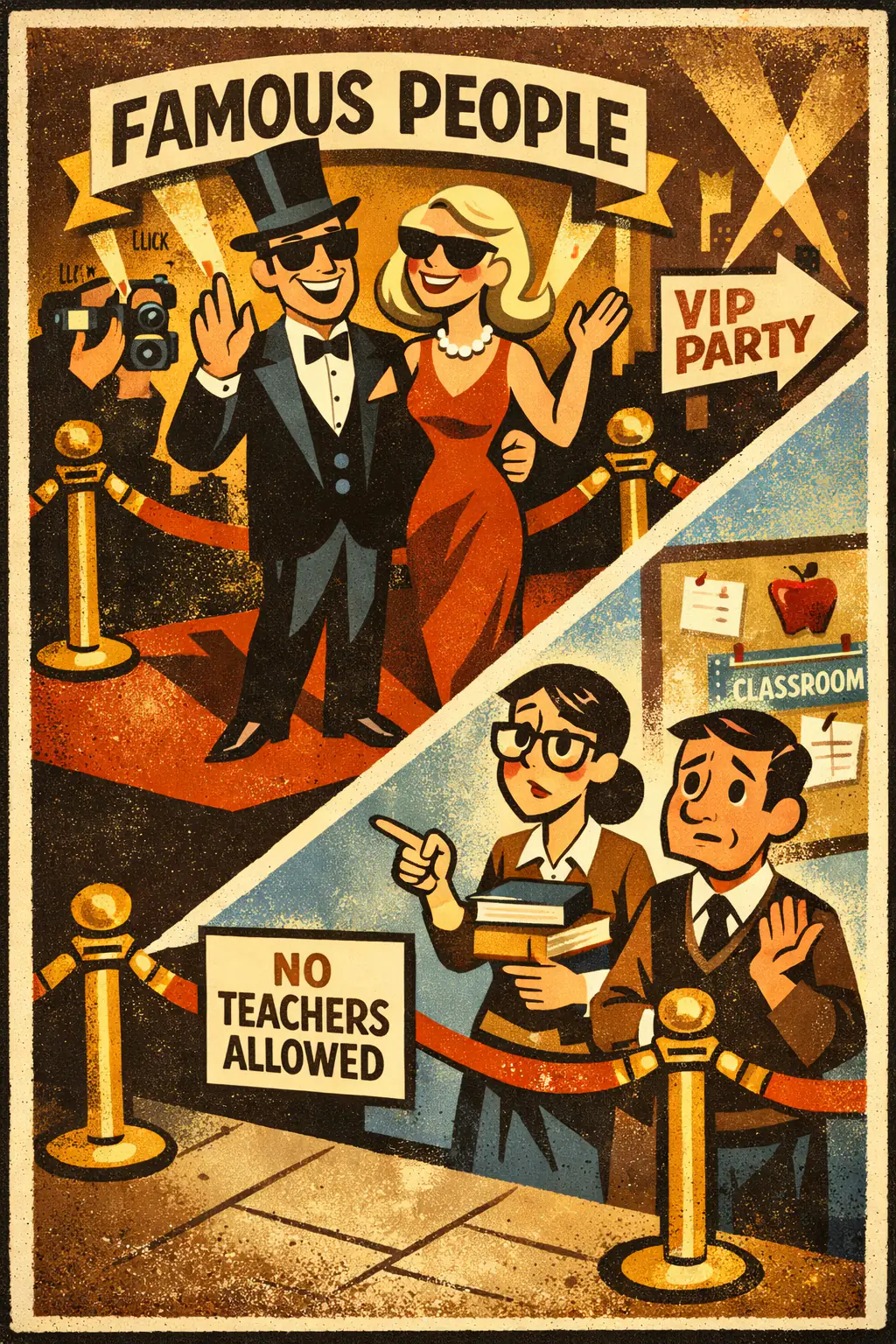 Illicit major companion poster in a retro mid-century editorial cartoon style, illustrating occurs when a syllogism distributes the major term in the conclusion even though the major premise never distributed it there.