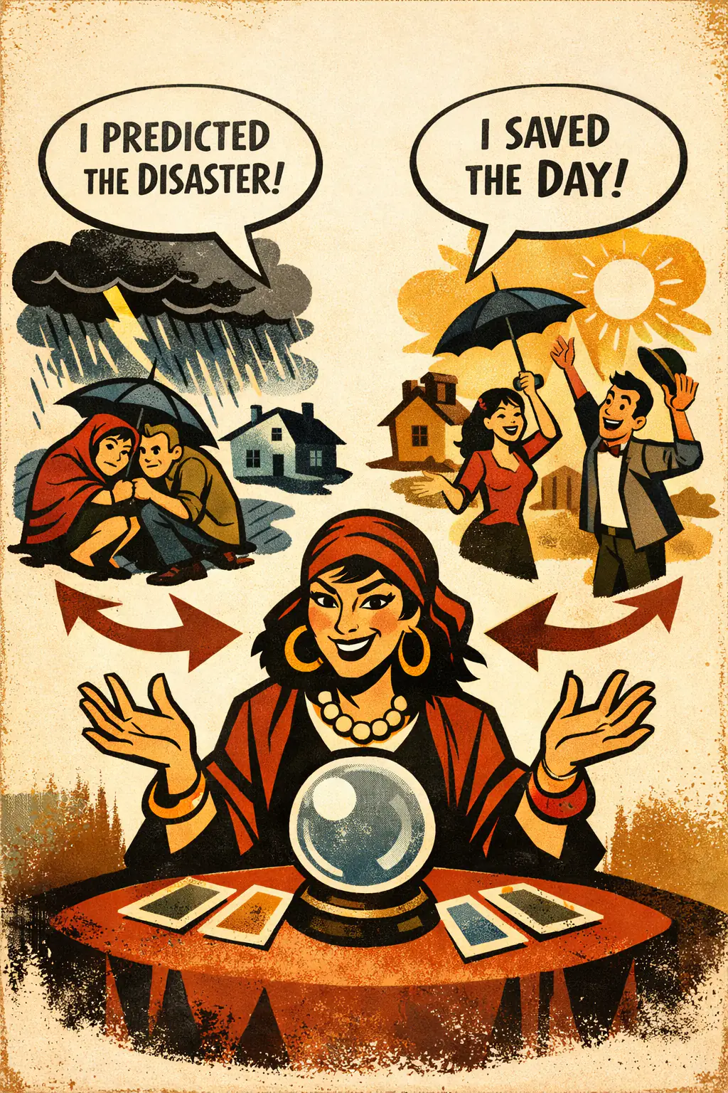 Impotent logical space companion poster in a retro mid-century editorial cartoon style, illustrating occurs when a view is framed so every possible outcome fits it equally well, leaving no meaningful room for the claim to fail.