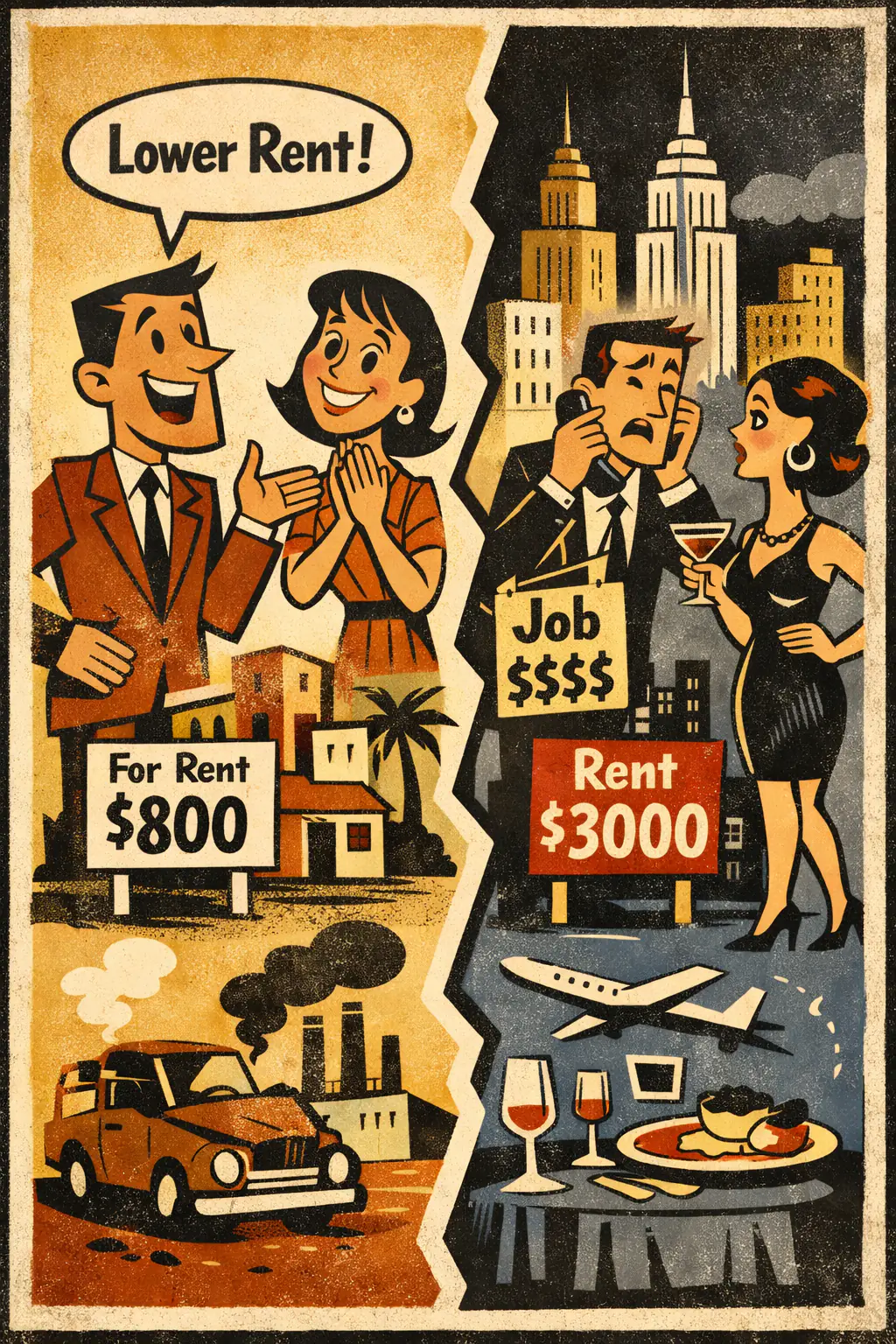 Incomplete comparison companion poster in a retro mid-century editorial cartoon style, illustrating occurs when one option is called better, worse, cheaper, safer, or more effective without specifying the relevant comparison class or the other factors that matter.