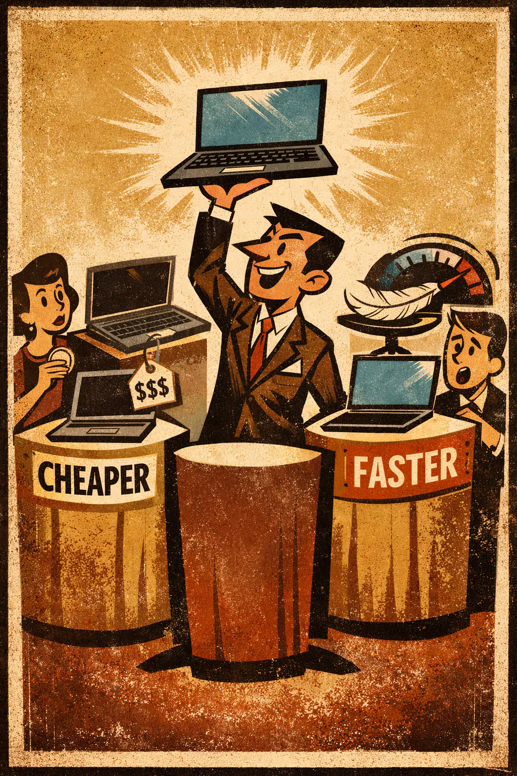 Inconsistent comparison companion poster in a retro mid-century editorial cartoon style, illustrating occurs when different comparison targets are used across different dimensions to create the illusion of one all-around winner.