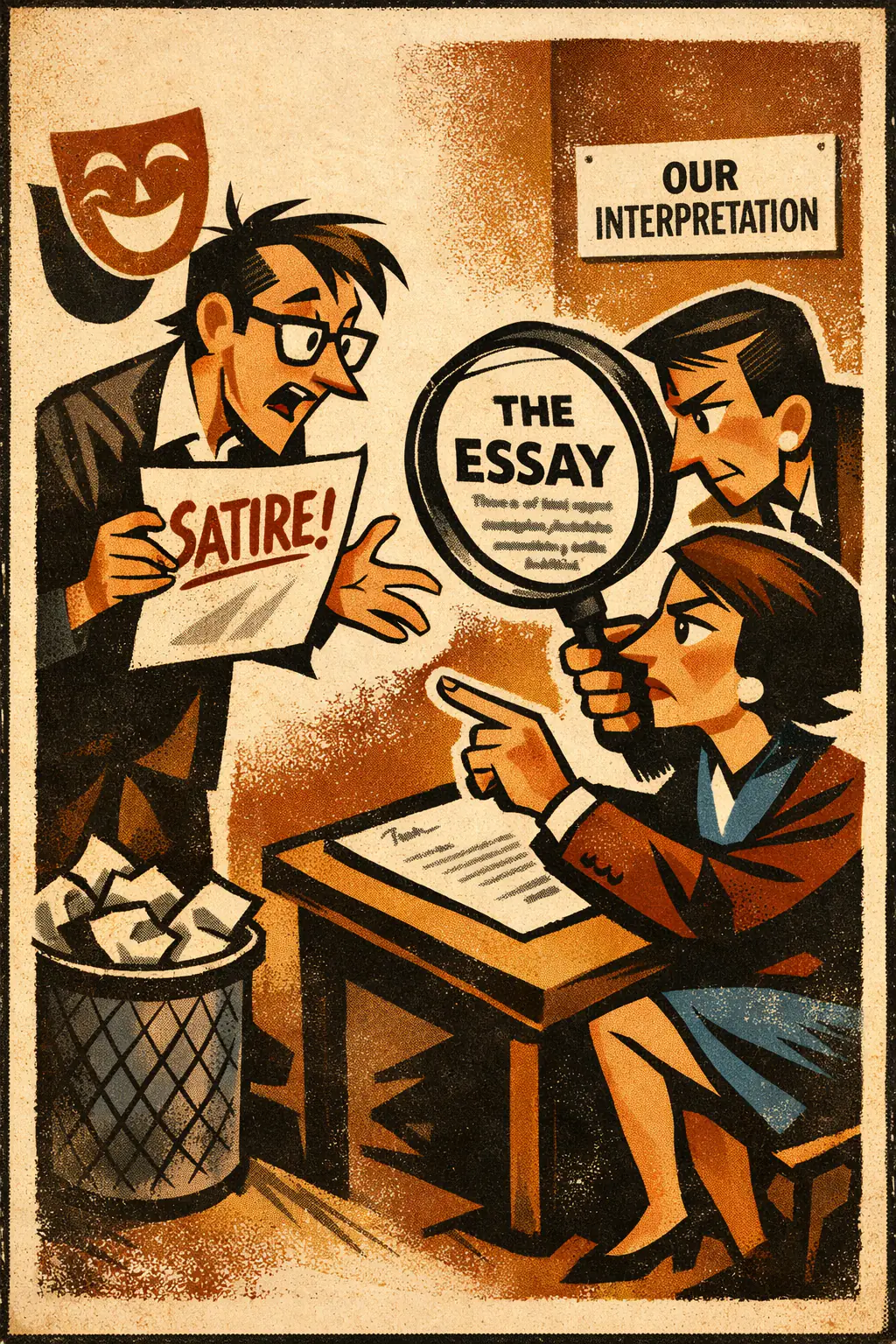 Intentional fallacy companion poster in a retro mid-century editorial cartoon style, illustrating occurs when the creator's intended meaning is treated as irrelevant in contexts where that intention is actually important to understanding the work or statement.