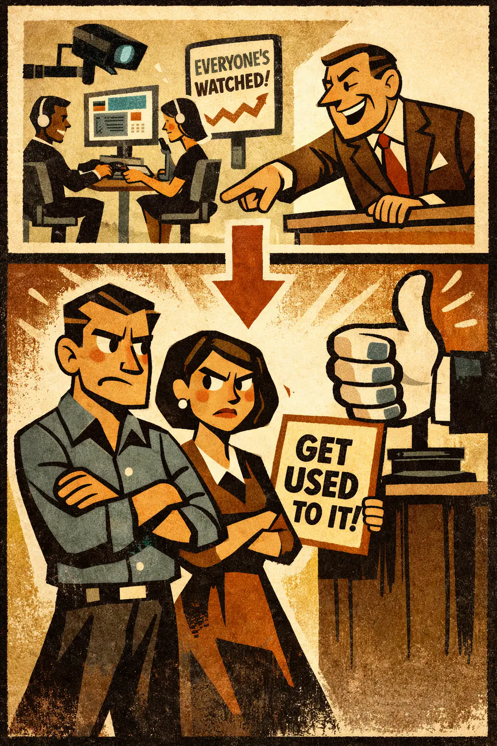 Is-ought problem companion poster in a retro mid-century editorial cartoon style, illustrating occurs when a descriptive claim about what is common, natural, or actual is treated as if it directly established what ought to be done.