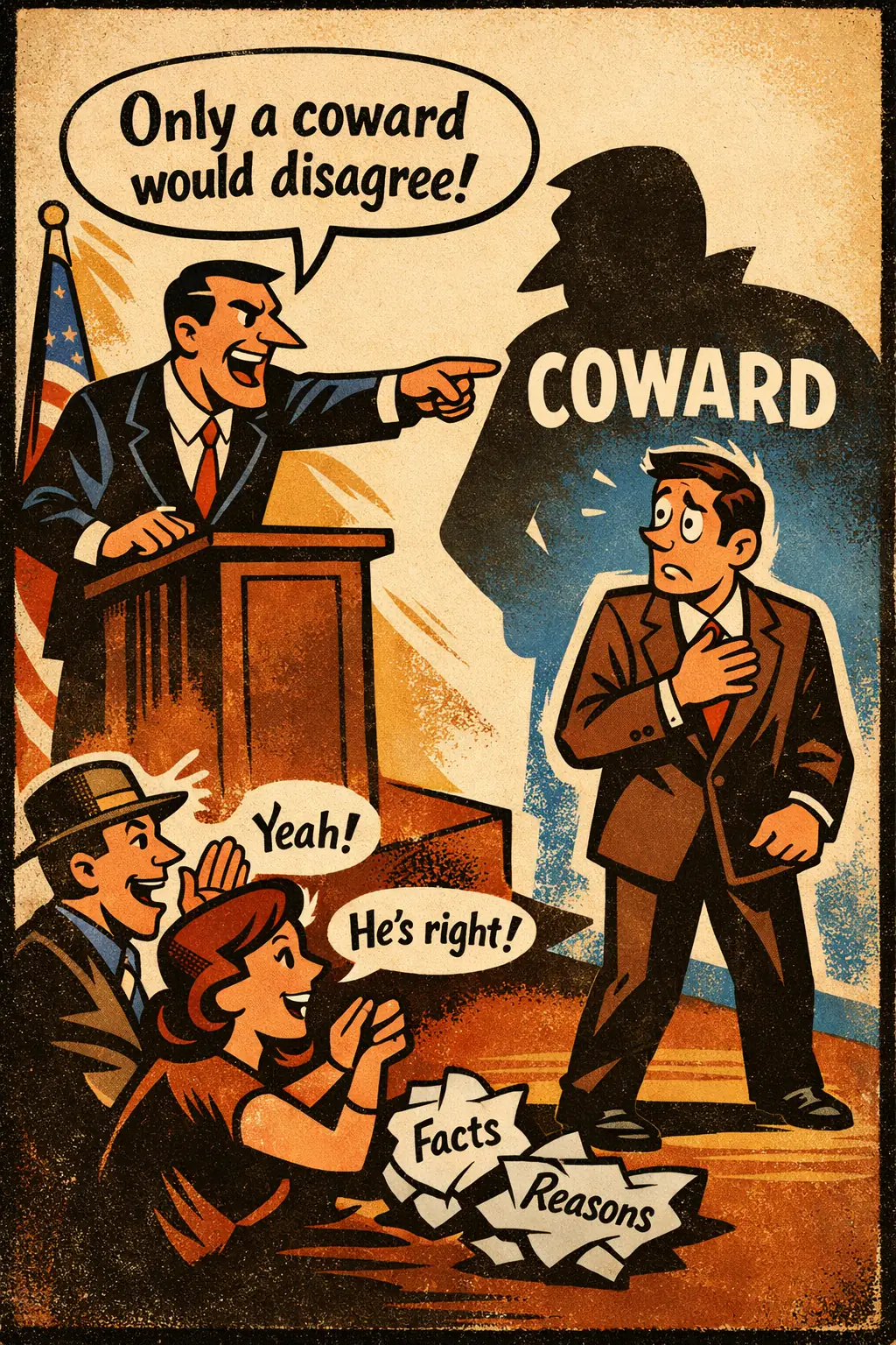 Judgmental language companion poster in a retro mid-century editorial cartoon style, illustrating occurs when pejorative, loaded, or insulting language is used to steer judgment in place of actual support for the conclusion.