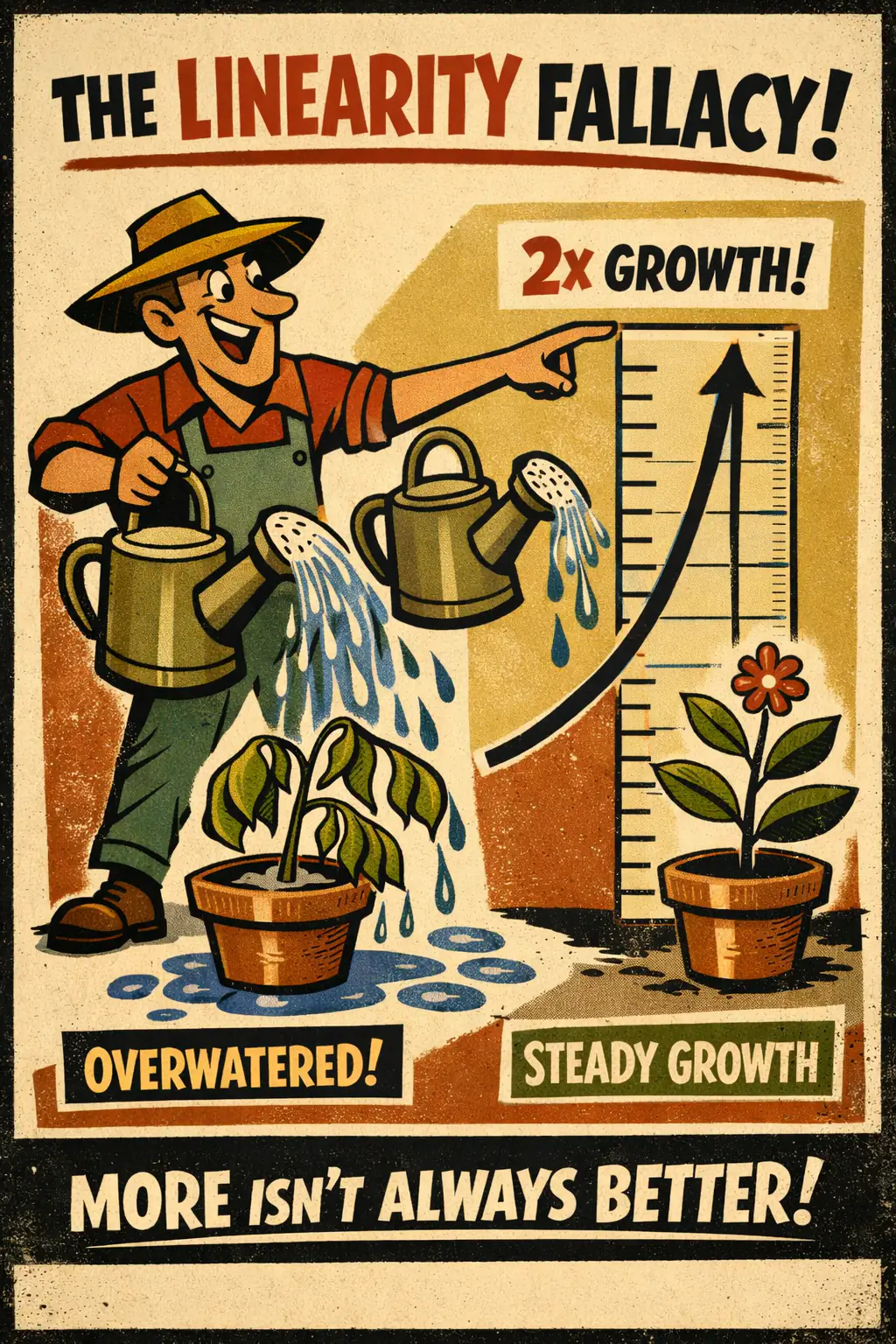 Linearity fallacy companion poster in a retro mid-century editorial cartoon style, illustrating occurs when someone assumes that doubling the input will double the output even though the system has thresholds, saturation, feedback loops, or diminishing returns.