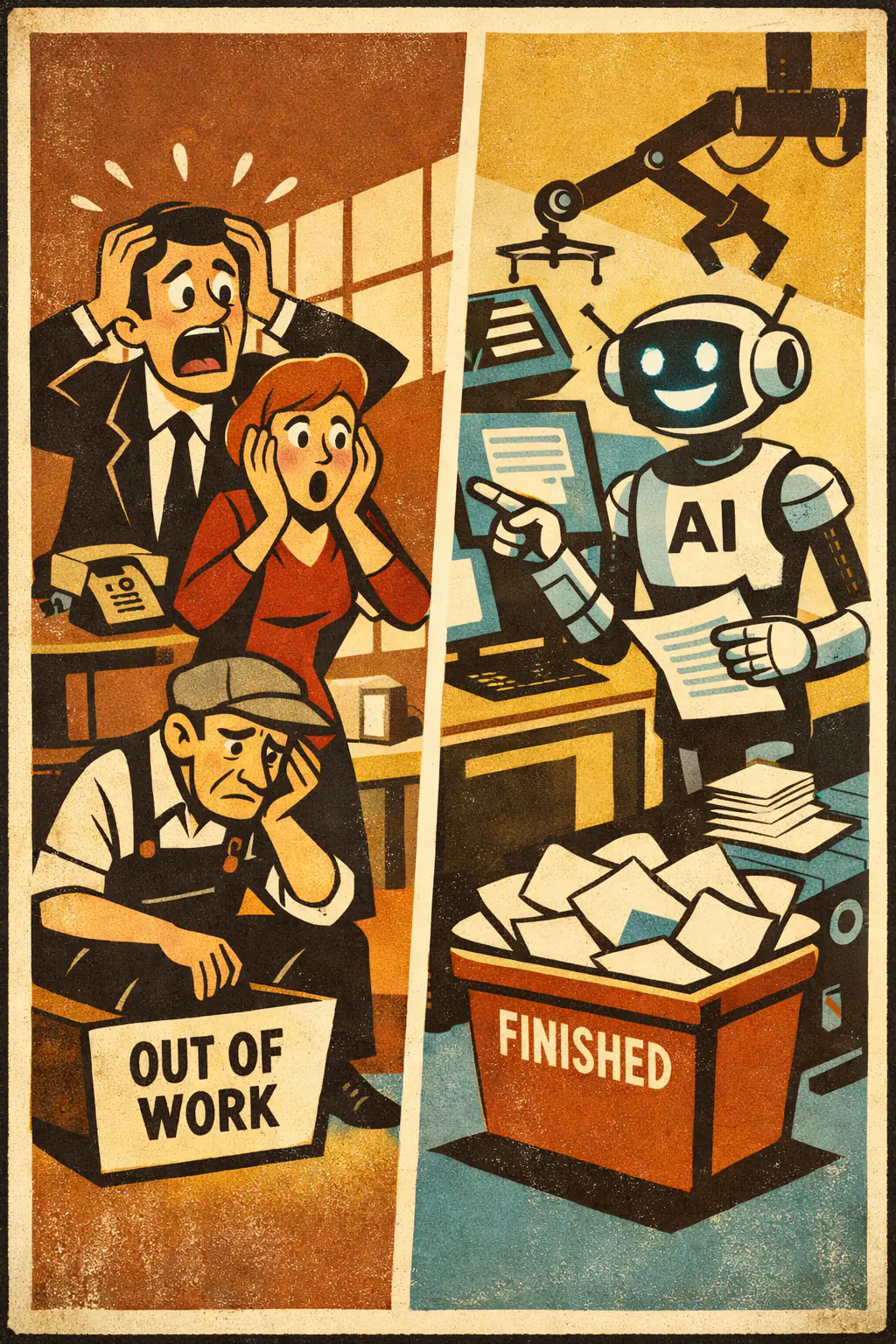 Luddite fallacy companion poster in a retro mid-century editorial cartoon style, illustrating occurs when labor-saving technology is treated as if it must reduce total employment or human usefulness simply because it automates some existing tasks.