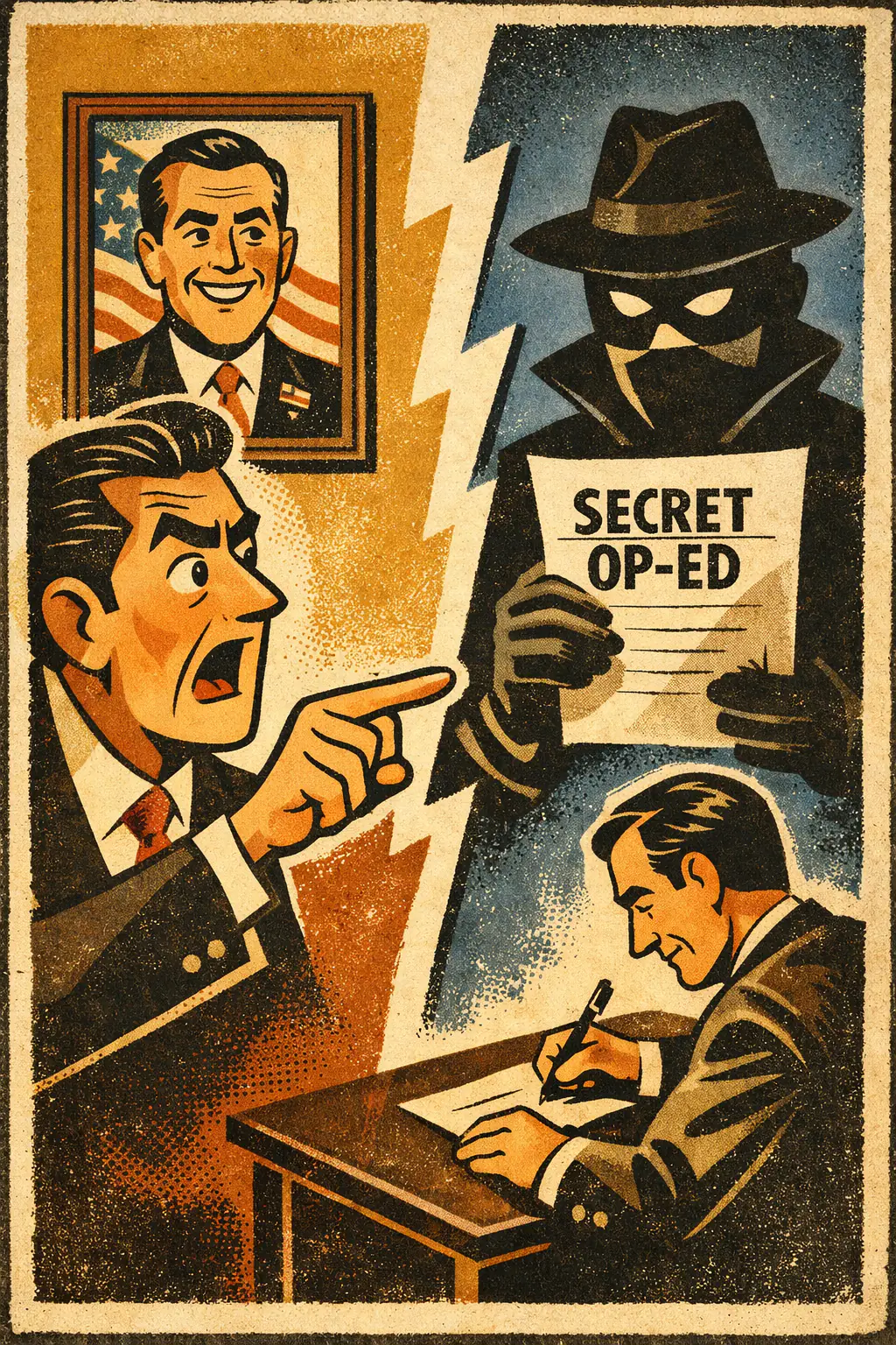 Masked man fallacy companion poster in a retro mid-century editorial cartoon style, illustrating occurs when two names or descriptions refer to the same thing, but a belief or knowledge context blocks simple substitution and the argument ignores that.