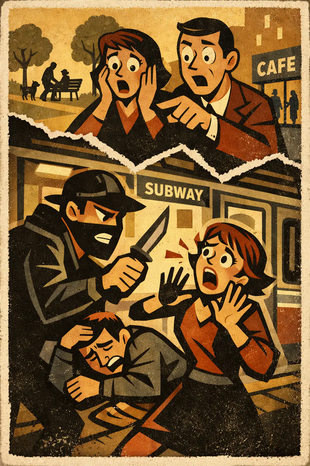 Misleading vividness companion poster in a retro mid-century editorial cartoon style, illustrating occurs when a striking anecdote or emotionally intense case is used to make a problem seem more common, clear, or representative than the broader evidence allows.