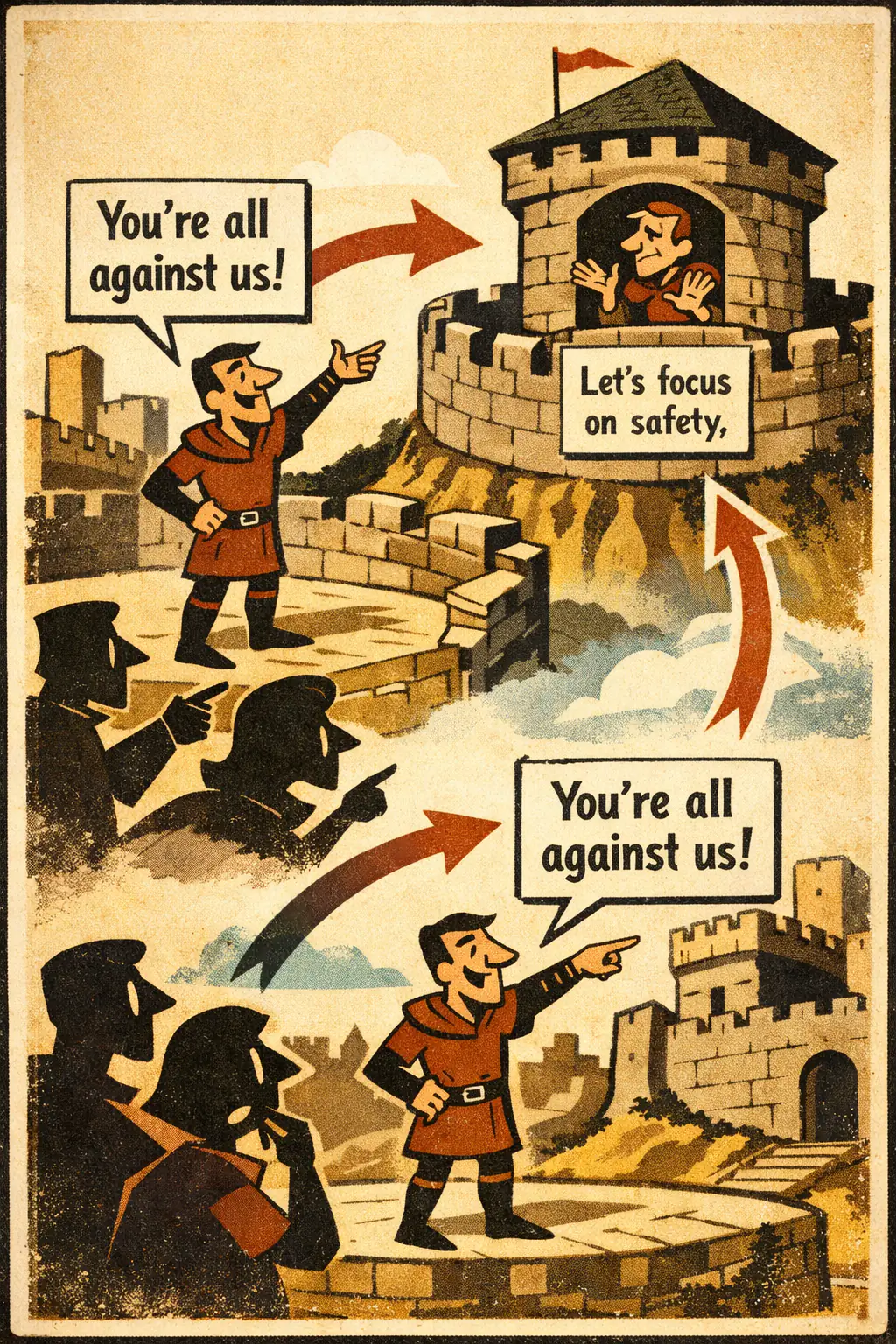 Motte and bailey fallacy companion poster in a retro mid-century editorial cartoon style, illustrating occurs when someone advances a bold, controversial claim, retreats under criticism to a weaker and easier-to-defend claim, and then returns to the stronger claim as if the weaker claim had defended it.
