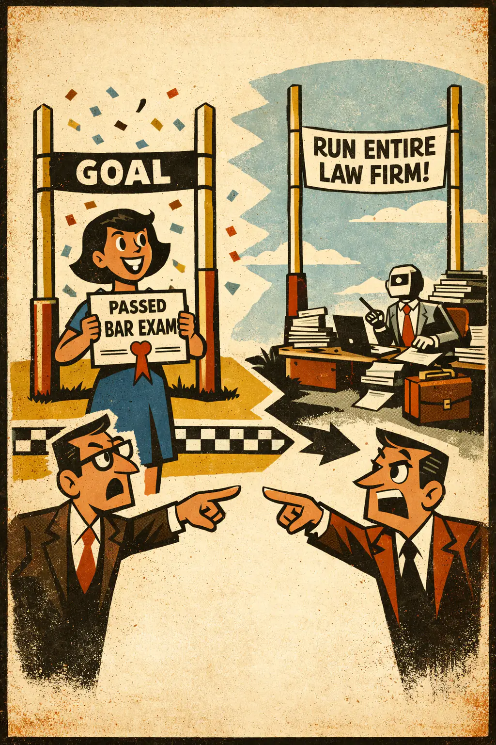 Moving the goalpost companion poster in a retro mid-century editorial cartoon style, illustrating occurs when evidence that was supposed to satisfy a stated standard is dismissed and a new, harder standard is introduced so the conclusion never has to be reconsidered.
