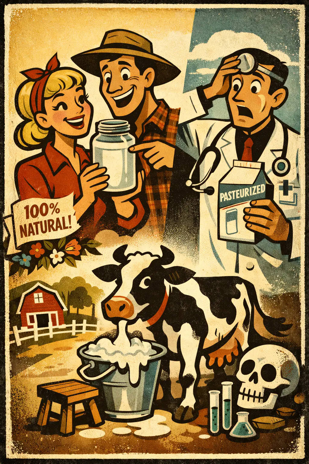Naturalistic fallacy companion poster in a retro mid-century editorial cartoon style, illustrating occurs when something is treated as good, safe, or morally preferable mainly because it is called natural, traditional, or closer to nature.