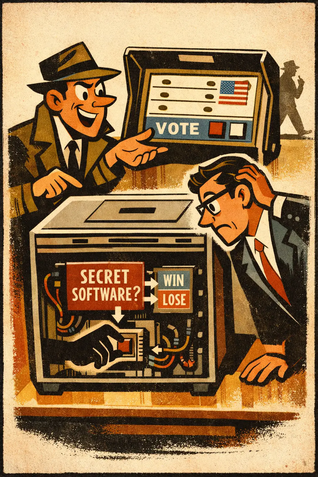 Negative proof fallacy companion poster in a retro mid-century editorial cartoon style, illustrating occurs when a claim is treated as true because it has not been disproved, or false because it has not been proved.