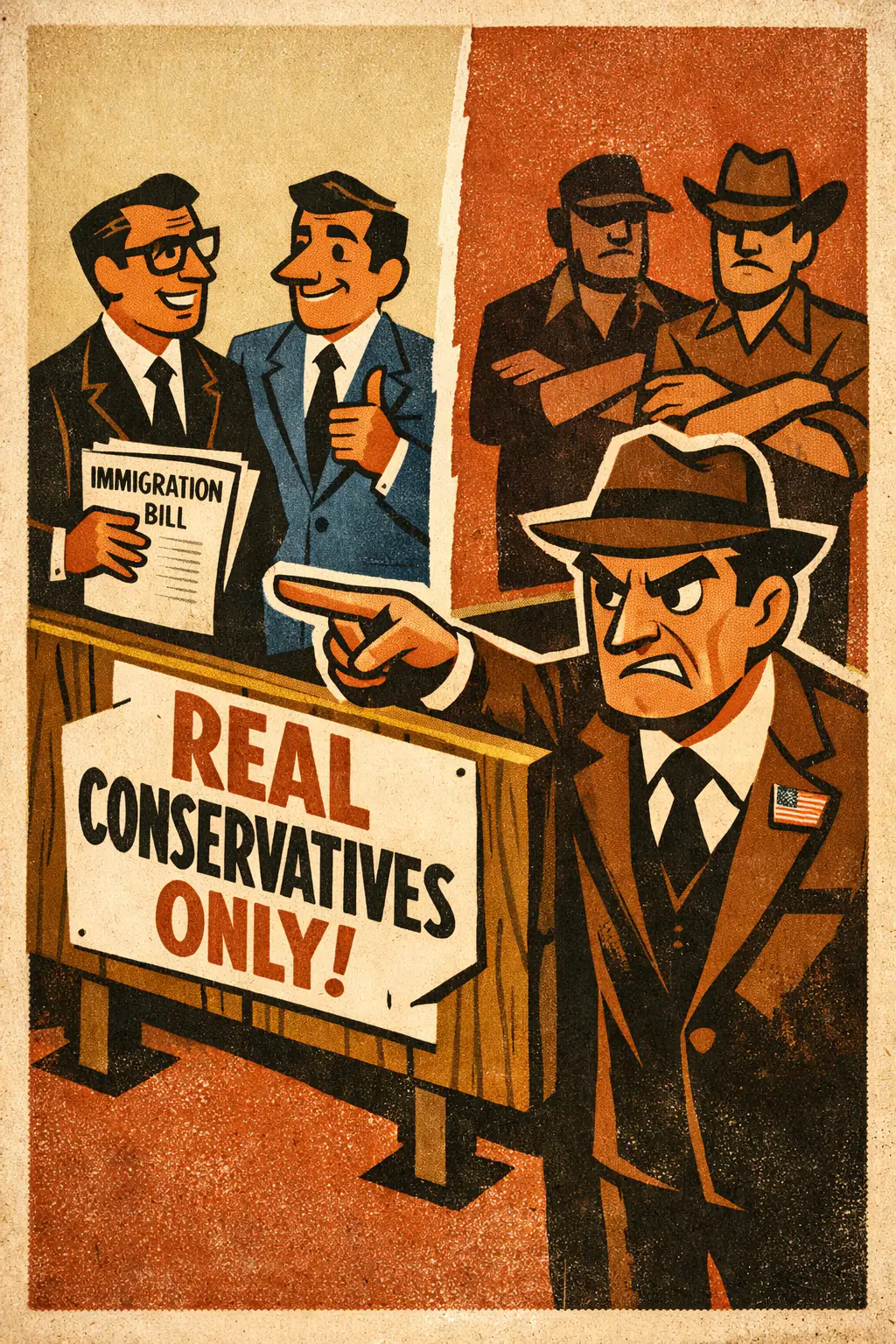 No True Scotsman companion poster in a retro mid-century editorial cartoon style, illustrating occurs when someone protects a generalization from counterexamples by redefining the group with an ad hoc 'real' or 'true' membership test.