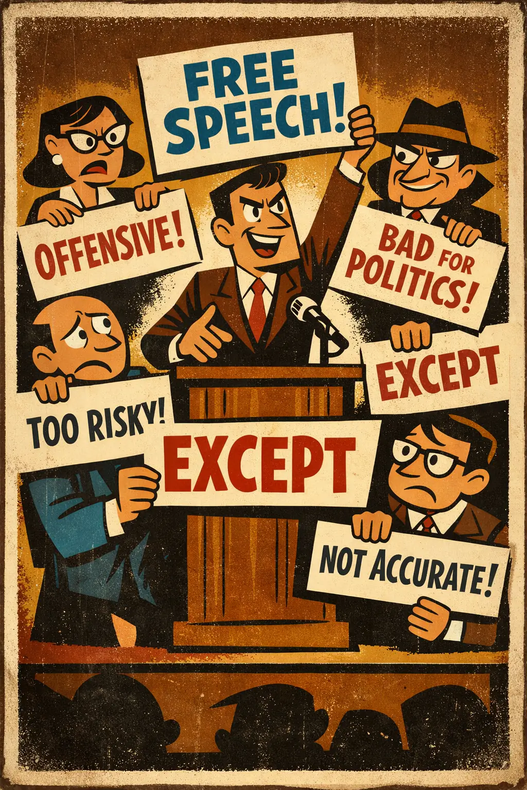 Overwhelming exception companion poster in a retro mid-century editorial cartoon style, illustrating occurs when a general principle is padded with so many exceptions that it no longer guides action or says much of substance.