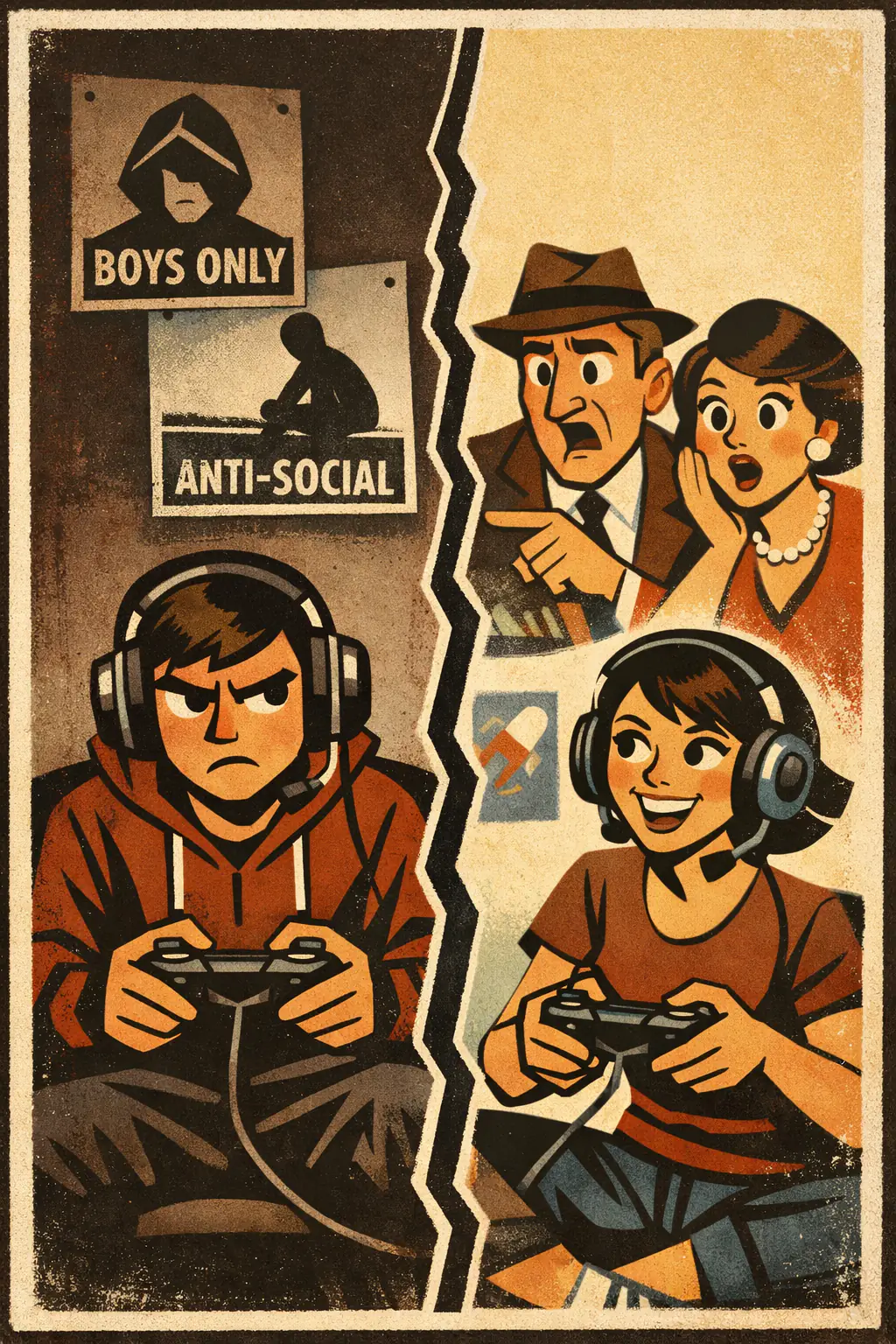 Package-deal fallacy companion poster in a retro mid-century editorial cartoon style, illustrating occurs when traits that are often bundled together by stereotype, tradition, or habit are treated as if they must always come as a package.