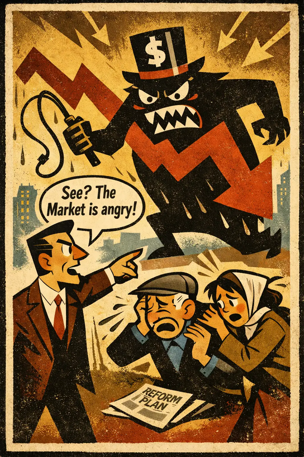 Pathetic fallacy companion poster in a retro mid-century editorial cartoon style, illustrating occurs when human feelings, intentions, or judgments are projected onto impersonal things and then treated as if the projection explained reality.