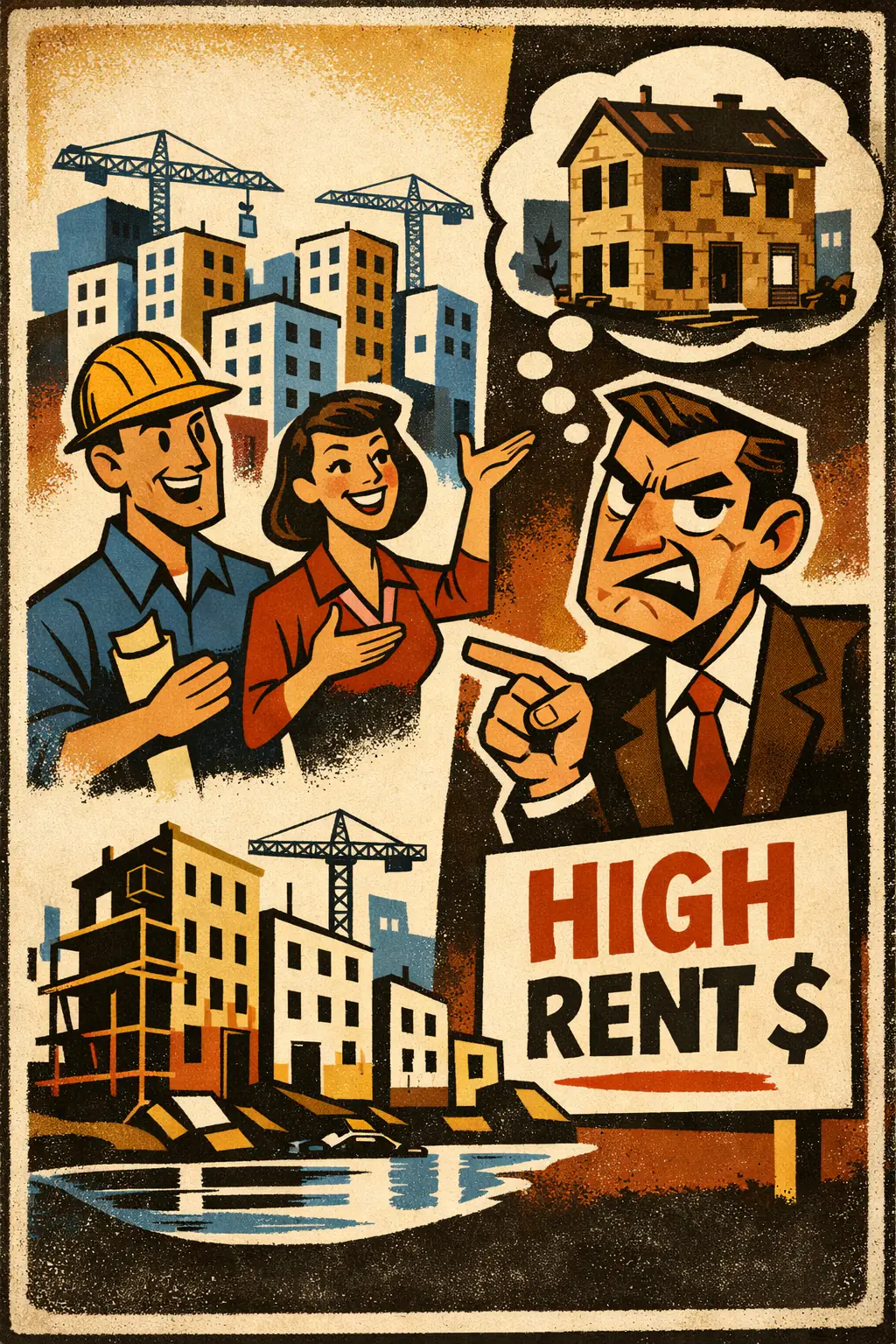 Perfect solution fallacy companion poster in a retro mid-century editorial cartoon style, illustrating occurs when a useful solution is dismissed because it does not fully solve the problem or because some flaws would remain afterward.