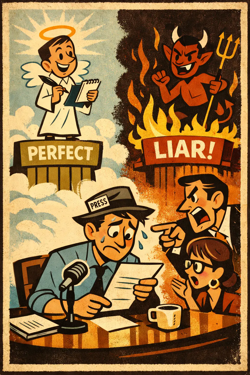 Perfect standard companion poster in a retro mid-century editorial cartoon style, illustrating occurs when a messy range of better and worse cases is collapsed into a rigid perfect-or-failed binary.
