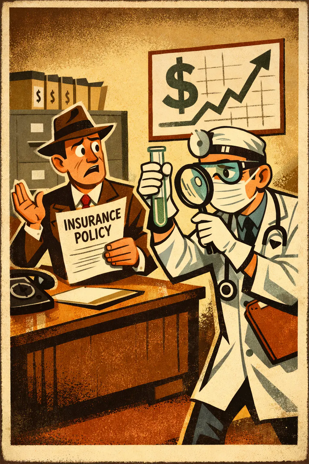 Perverted analogy companion poster in a retro mid-century editorial cartoon style, illustrating occurs when an analogy is deliberately stretched past its intended point so it can be mocked or refuted.