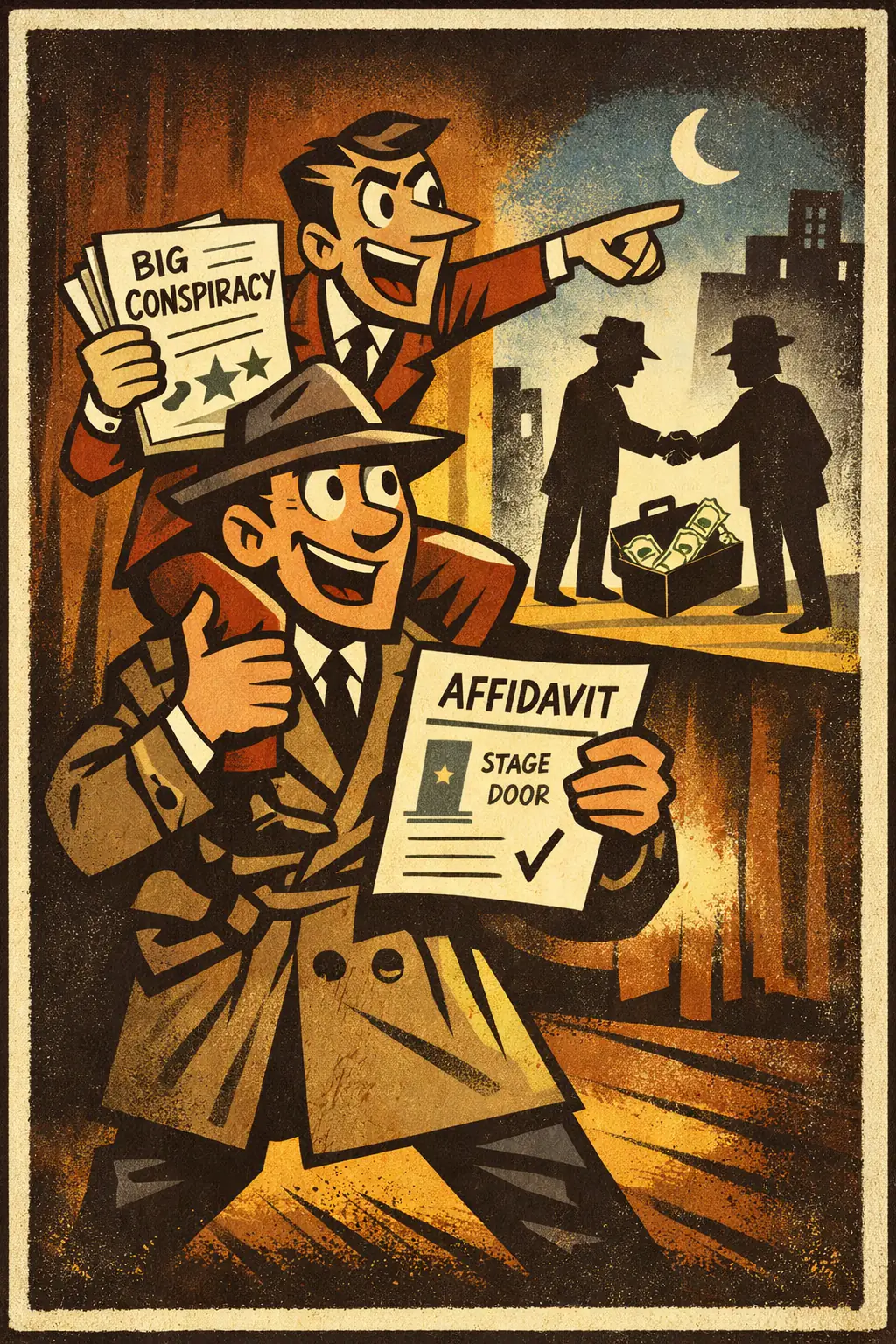 Piggy-back assumption companion poster in a retro mid-century editorial cartoon style, illustrating occurs when evidence for one claim is illegitimately used as if it also confirmed a second claim that merely travels alongside it.