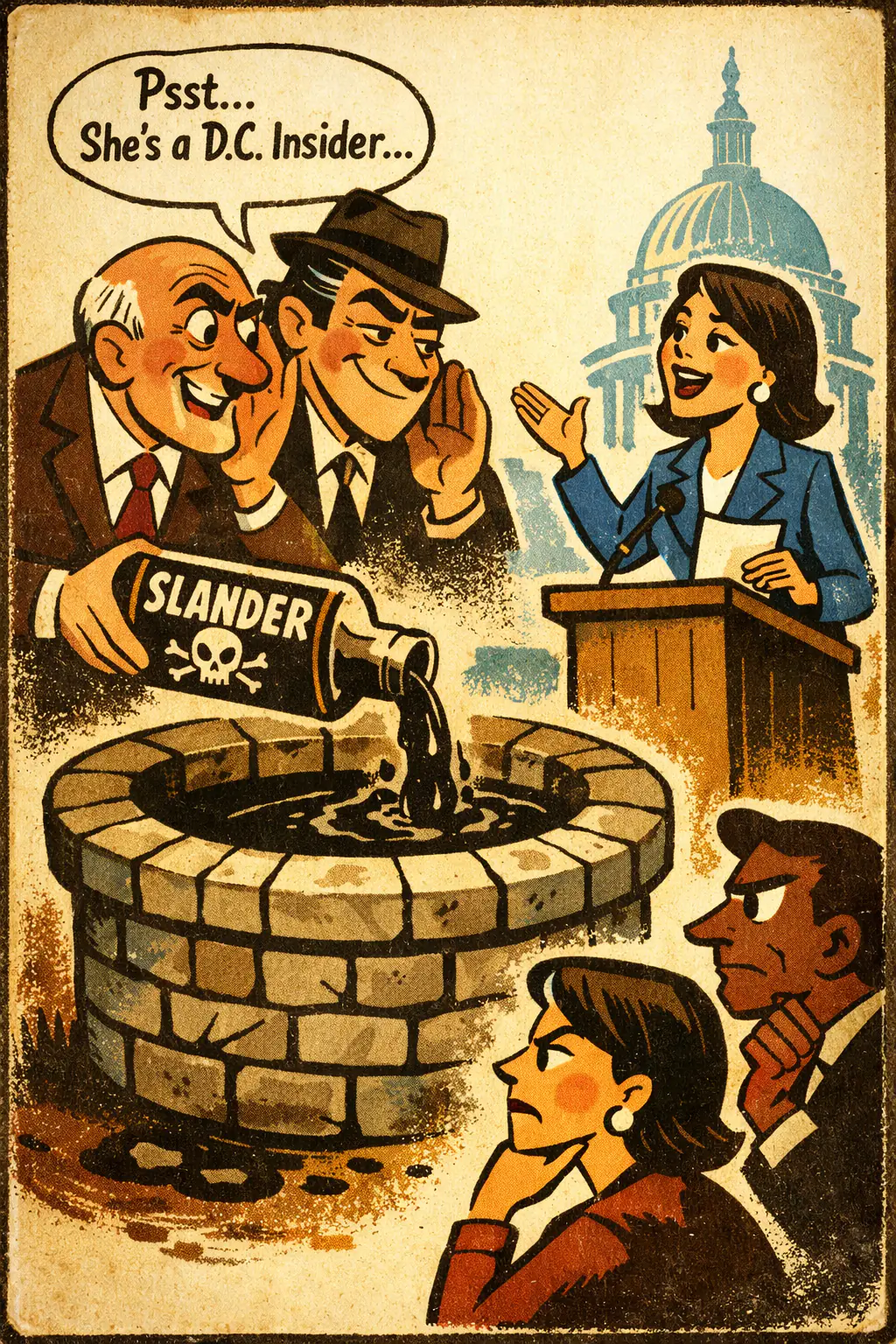 Poisoning the well companion poster in a retro mid-century editorial cartoon style, illustrating occurs when negative framing is introduced in advance so that whatever a person says next will be dismissed before it is fairly heard.