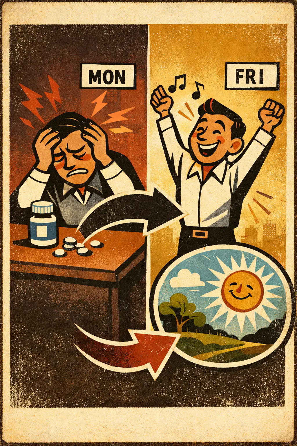 Post hoc ergo propter hoc companion poster in a retro mid-century editorial cartoon style, illustrating occurs when someone infers that because one event happened before another, the earlier event caused the later one.